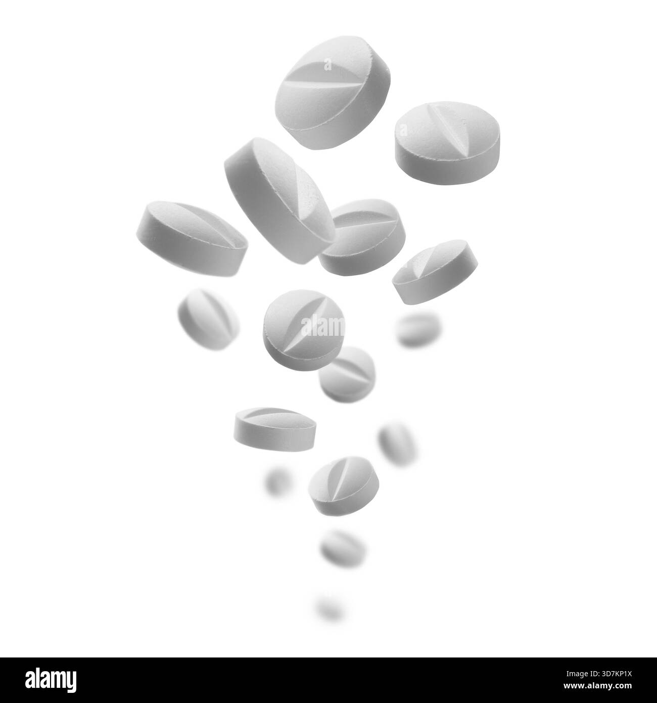 Le compresse rotonde bianche si levitano su sfondo bianco. Foto Stock