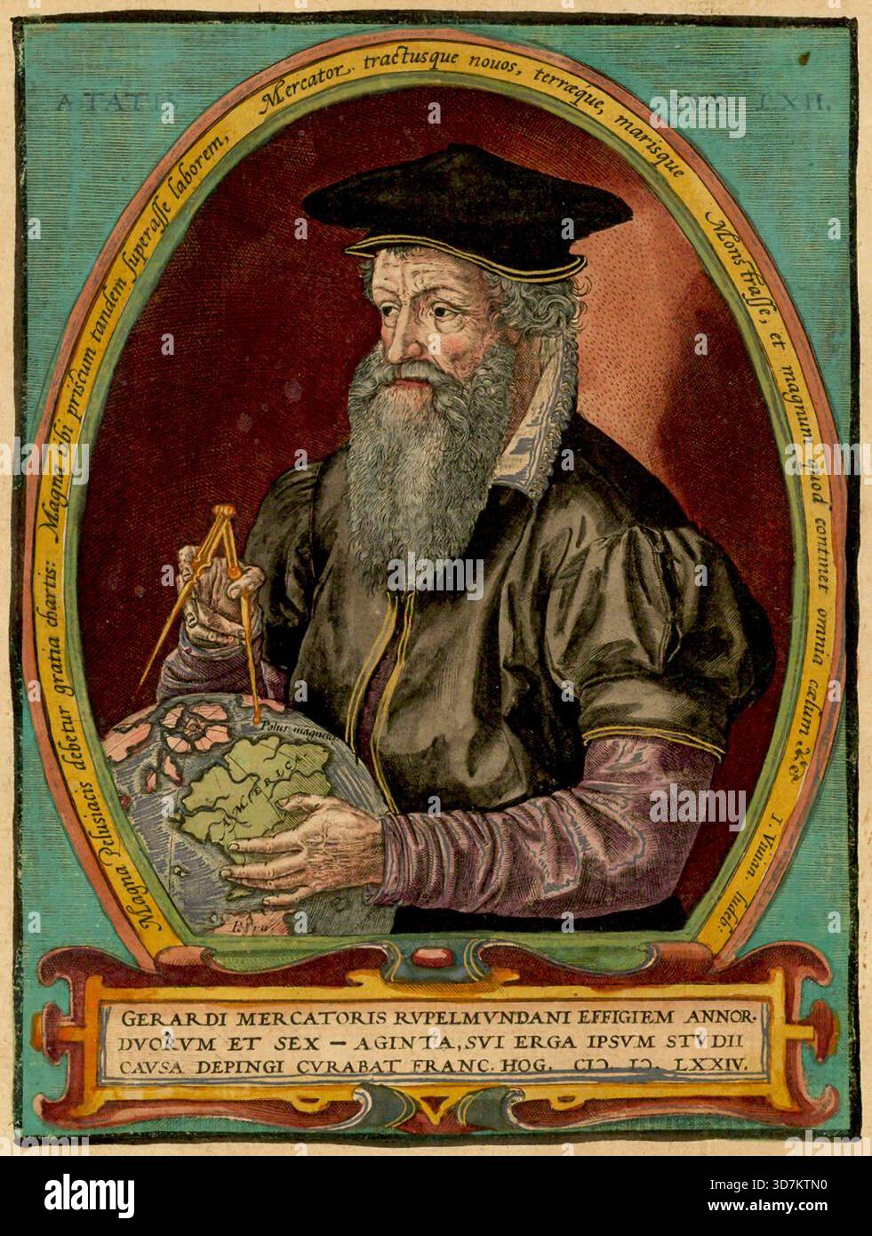 Ritratto di Gerardo Mercator di Frans Hogenberg 1574 Gerardus Mercator (5 marzo 1512 – 2 dicembre 1594) è stato un geografo, cosmografo e cartografo fiammingo. È famoso soprattutto per aver creato la mappa del mondo del 1569 basata su una nuova proiezione che rappresentava corsi di vela a cuscinetto costante (lossodromie) come linee rette, un'innovazione che è ancora impiegata nelle carte nautiche. Foto Stock