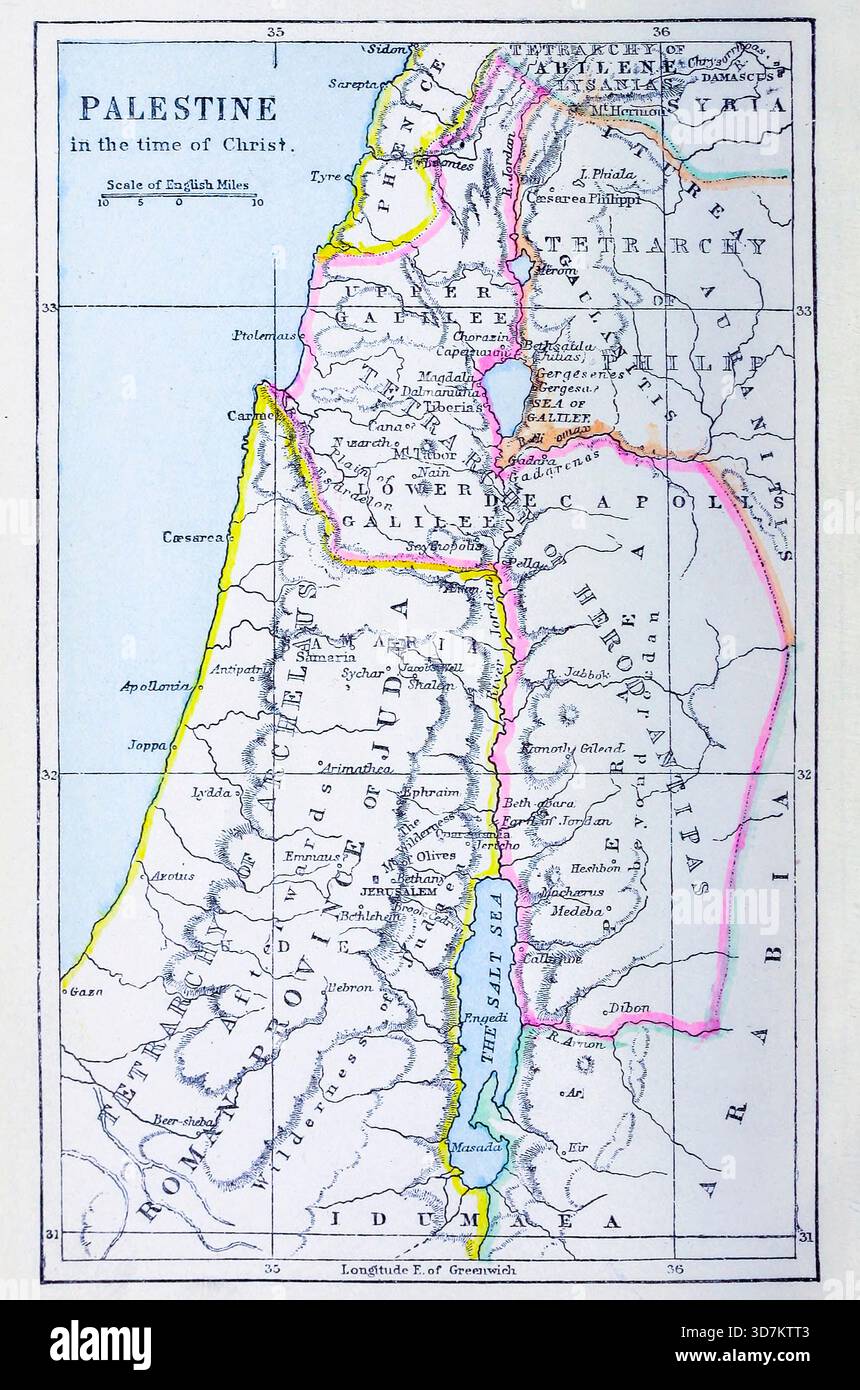 Mappa della Palestina al tempo di Cristo dal commento popolare [precedentemente "Un commento pittorico"] sul Vangelo secondo Marco. Con il testo della versione comune, 1611, e la versione riveduta, 1881 (English Reading and renderings) di Rice, Edwin Wilbur, 1831-1929; American Sunday-School Union data di pubblicazione 1892 Foto Stock