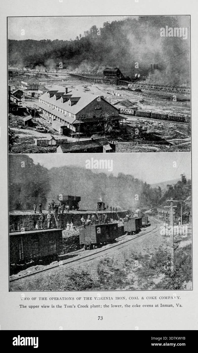 DUE DELLE ATTIVITÀ DELLA VIRGINIA IRON, COKE & COKE COMPANY. La vista superiore è la pianta di Tom's Creek; la parte inferiore, i forni di coca a Inman, Virginia, dall'articolo IL GRANDE GIACIMENTO DI CARBONE DI PIETRA DELLA VIRGINIA E DEL KENTUCKY. Di John Leggett Pultz della rivista Engineering dedicata al progresso industriale volume XXVIII ottobre 1904 - marzo 1905 The Engineering Magazine Co Foto Stock