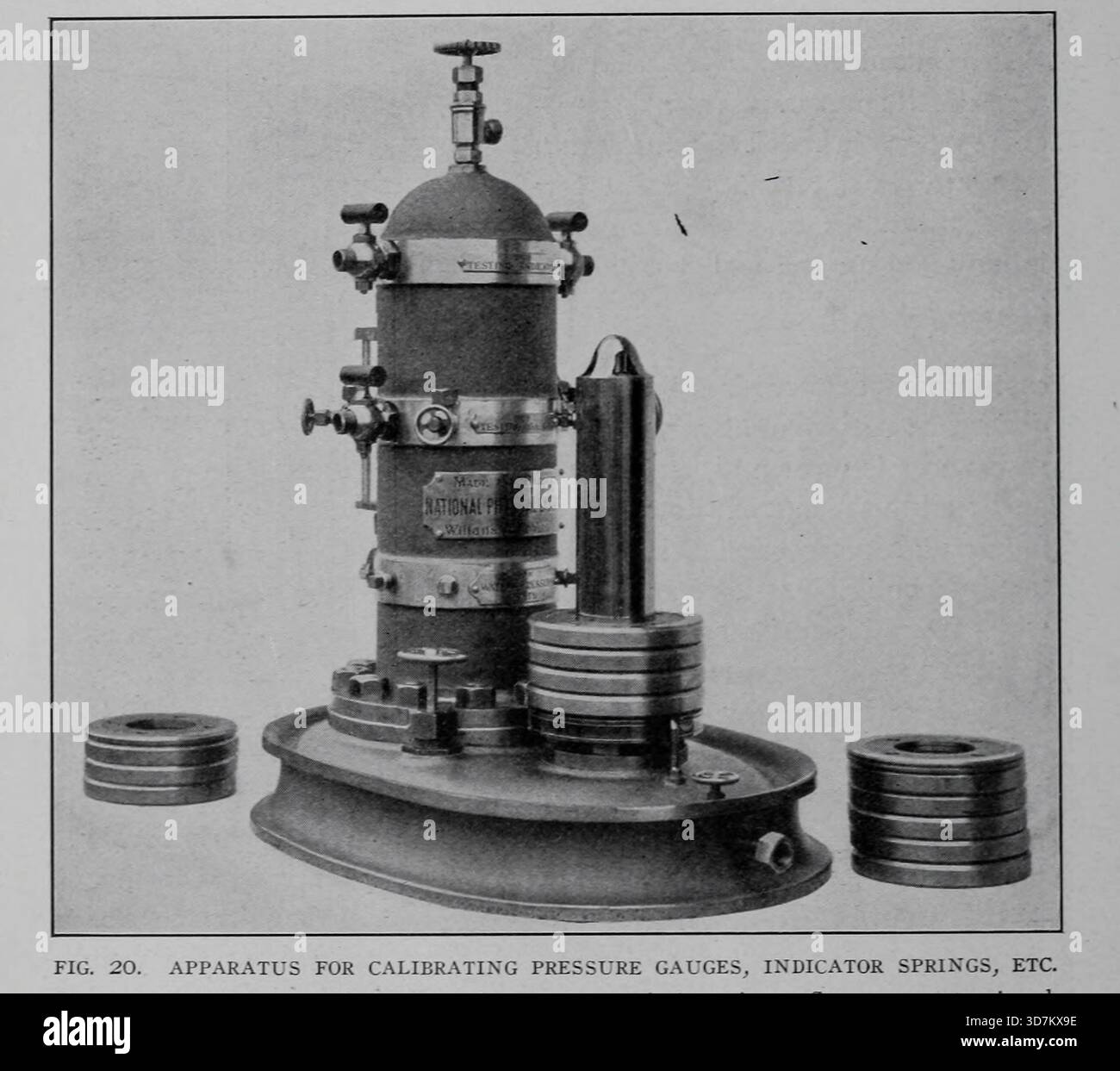 APPARECCHI PER LA TARATURA DI MANOMETRI, MOLLE INDICATRICI, ECC. Gli strumenti sono collegati agli ugelli sul ricevitore verticale. Il vapore o l'acqua sono ammessi nella parte superiore e regolati in modo da sostenere uno o più pesi standard rotondi quando sono posizionati sul manicotto verticale a destra, il manicotto è appeso a uno stantuffo ruotato con precisione dell'area esatta, scivolando in un tubo collegato al ricevitore. Dall'articolo LA PROVA DEI MOTORI A VAPORE. Del capitano H. Riall Sankey e C. Humphrey Wingfield. Dalla rivista Engineering dedicata al progresso industriale volume XXVIII ottobre 1904 - 1 marzo Foto Stock