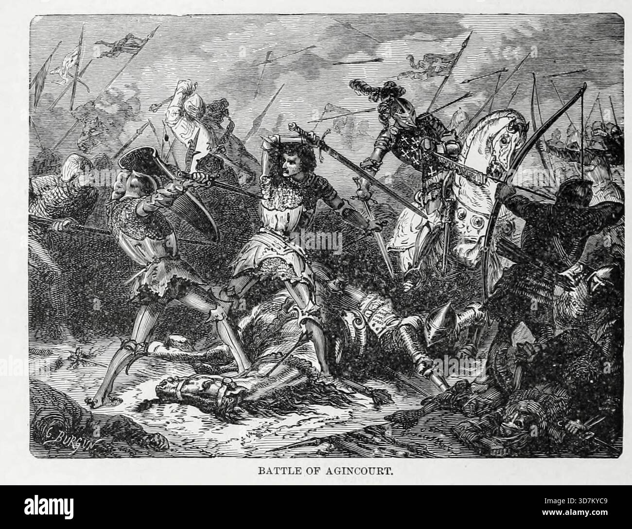 La battaglia di Agincourt fu una vittoria inglese nella guerra dei cent'anni. Si è giocato il 25 ottobre 1415 vicino ad Azincourt, nel nord della Francia. L'inaspettata vittoria delle truppe inglesi di gran lunga in inferiorità numerica contro l'esercito francese potenziò il morale e il prestigio inglesi, paralizzò la Francia, la Francia nel XIV e XV secolo. Dal LIBRO XVI. - THE PEOPLE AND THE KINGS nel volume 13, della storia universale di Ridpath: Un resoconto dell'origine, della condizione primitiva e dello sviluppo etnico delle grandi razze dell'umanità, e dei principali eventi dell'evoluzione e del progresso Foto Stock