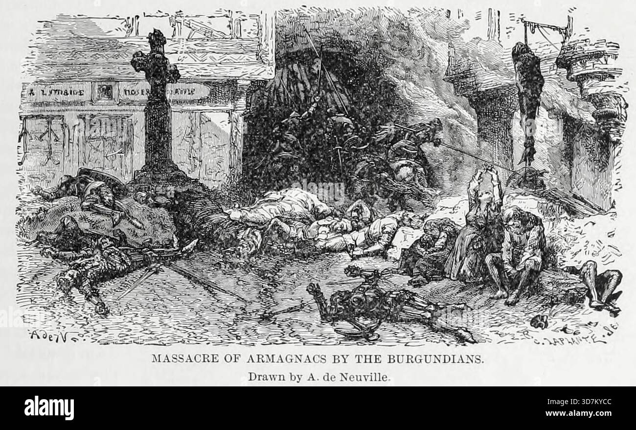 Massacro di Armagnac da parte dei Borgognoni, disegnato da A. de Neuville in Francia nel XIV e XV secolo. Dal LIBRO XVI. - THE PEOPLE AND THE KINGS nel volume 13, of Ridpath's Universal History: An account of the origin, primitive condition and ethnic Development of the Great race of Mankind, and of the principal events in the Evolution and Progress of the civilized Life between men and Nationals, from recent and Authentic sources with a preliminary investigation on the time, Place and way of the beginning by Ridpath, John Clark, 1840-1900 published in 1897 Foto Stock