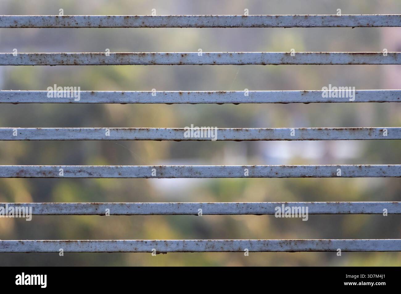 Dettaglio ravvicinato di una vecchia ringhiera del balcone in acciaio inossidabile corroso e recinzione che contrastano con uno splendido sfondo naturale all'aperto con una messa a fuoco morbida (boke Foto Stock