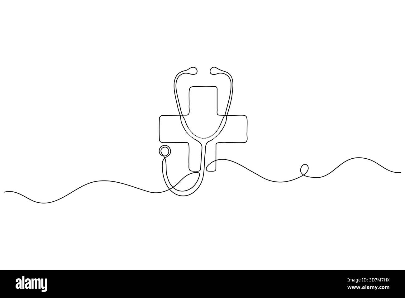 Croce medica con frequenza cardiaca singola linea continua ART Illustrazione Vettoriale