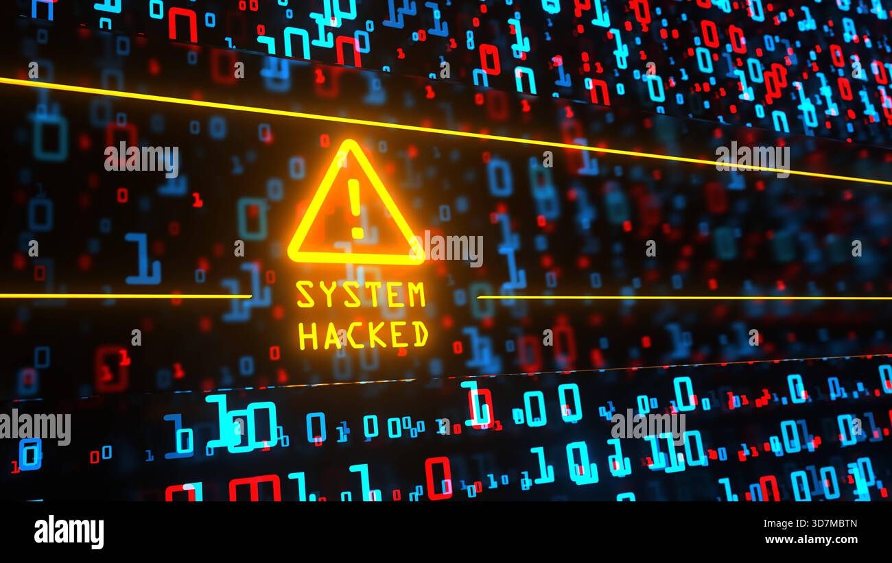 Illustrazione 3D - Data Matrix Warning Sign System hackerato Warning Sign System hackerato sullo sfondo digitale. illustrazione 3d. Foto Stock