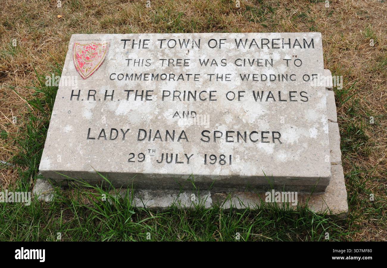 Targa posta sull'erba di fronte alla chiesa di Lady St Mary, Wareham. Foto Stock