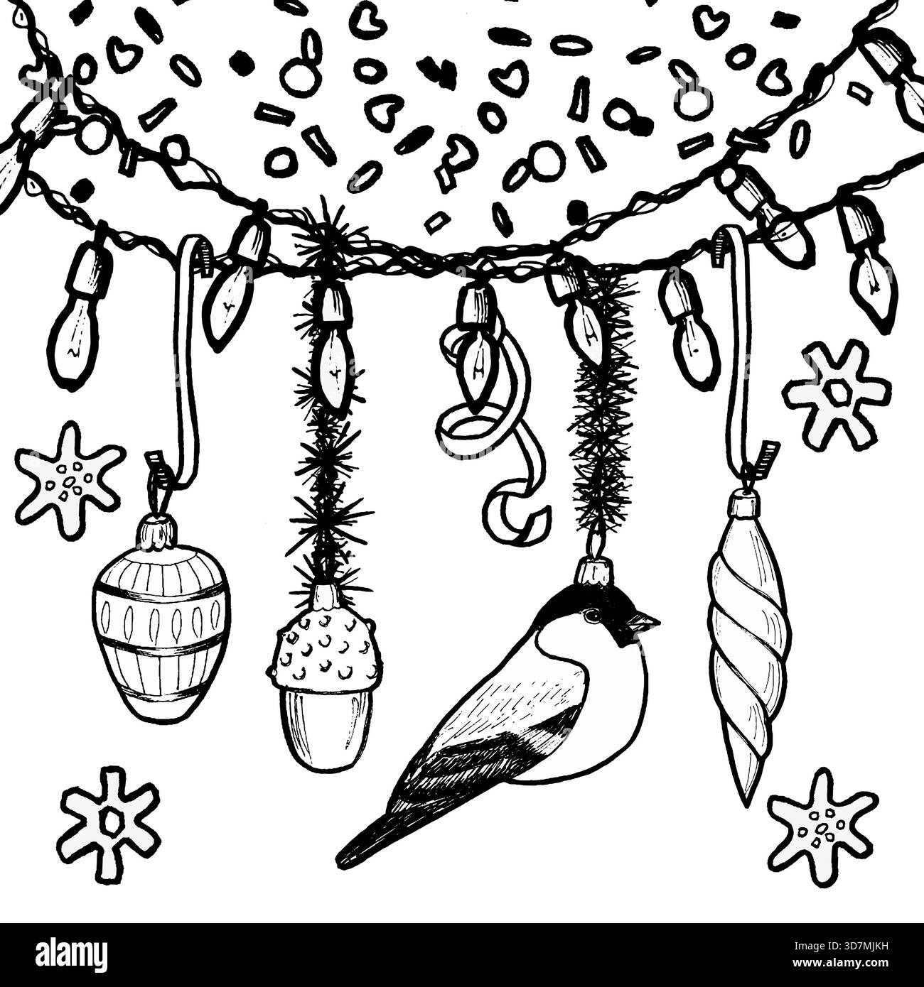 Una ghirlanda con decorazioni per alberi di Natale, ghiaccioli, ghiande e fiocchi di neve disegnati a mano su uno sfondo isolato per i saluti di Capodanno, cartoline, a. Foto Stock