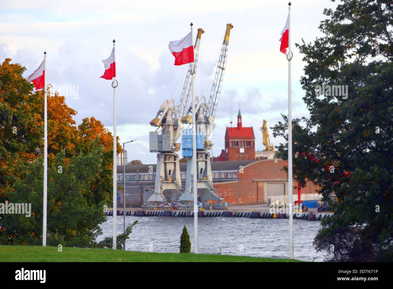 Bandiere polacche che sventolano accanto a un porto industriale sul lungomare Foto Stock