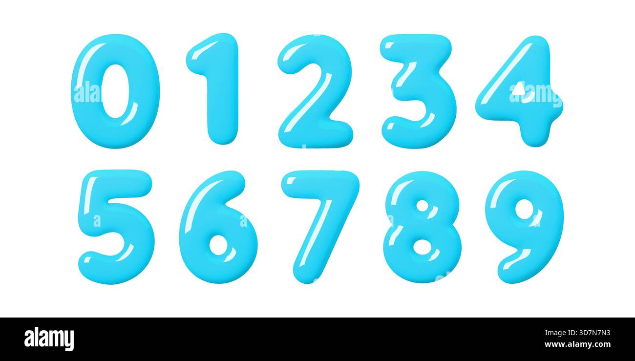Numero blu 3d lucido impostato in stile palloncino luminoso. I morbidi numeri gonfiati con una lucentezza uniforme creano un look divertente. Forme blu pulite e 3d arrotondati Illustrazione Vettoriale