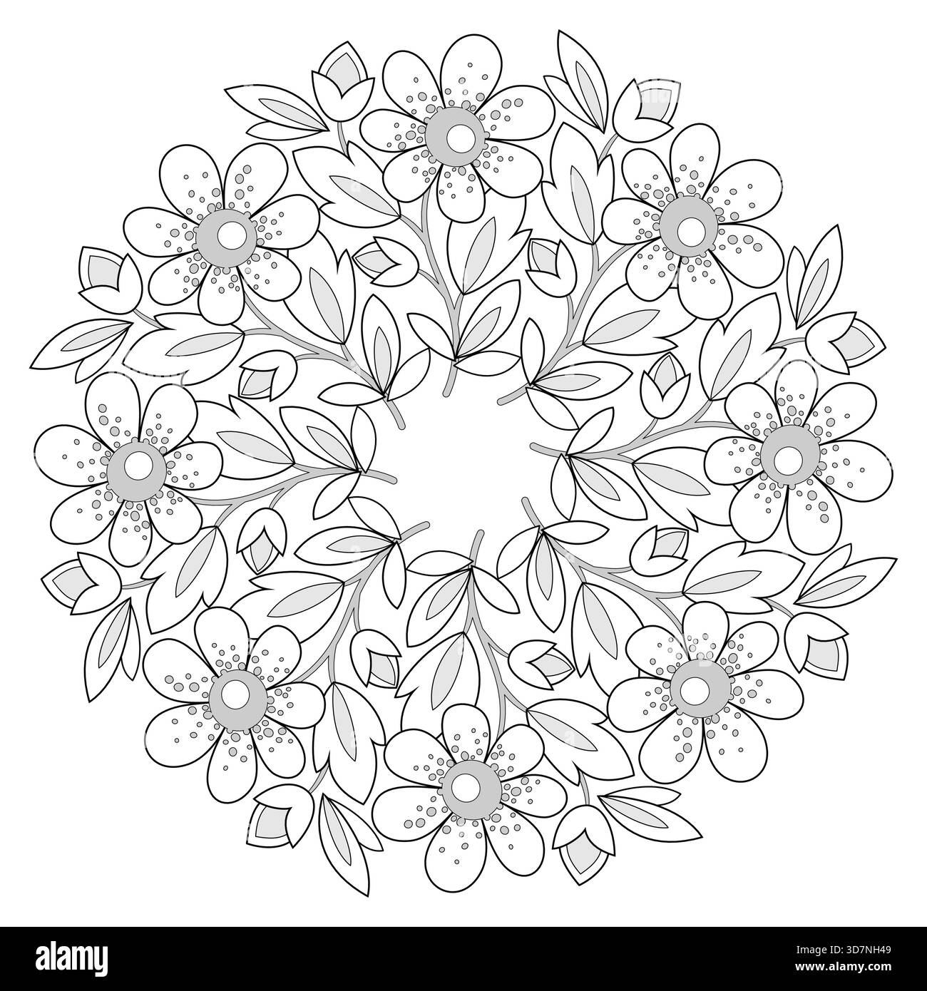 Bouquet rotondo di fiori. Pagina da colorare fiori. Mandala floreale estiva. Ornamento circolare monocromatico. Elemento di design del contorno dei fiori neri Illustrazione Vettoriale