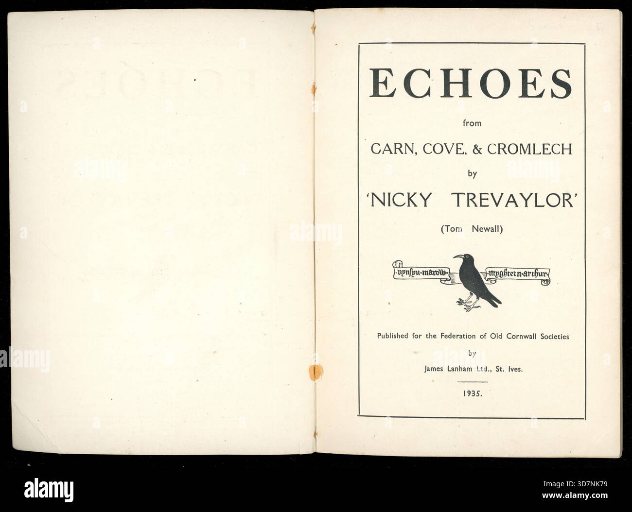 Libretto in brossura vintage anni '1930 Echoes from Carn, Cove & Cromlech di Nicky Trevaylor (Tom Newall) con una foto dell'iconico uccello Cornish Chough - copertina interna. Questo titolo è stato pubblicato per la Federation of Old Cornwall Societies 1935. Foto Stock