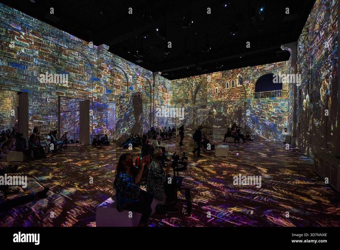 Vista a colori della coinvolgente mostra Van Gogh a Chicago, i visitatori sono immersi nei dipinti proiettati. Foto Stock