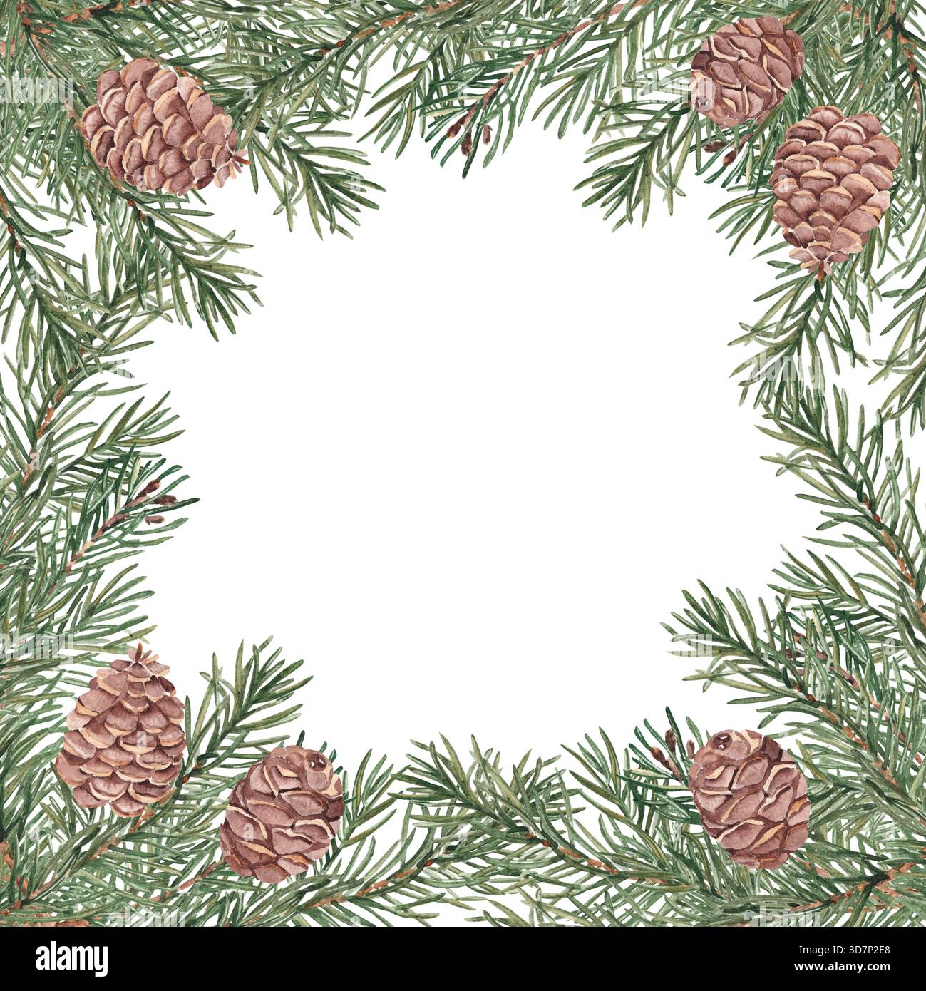 Rami di abete con coni cornice quadrata, bordo. Illustrazione ad acquerello disegnata a mano del pino. Perfetto per il design di Natale e Capodanno, per l'inverno Foto Stock