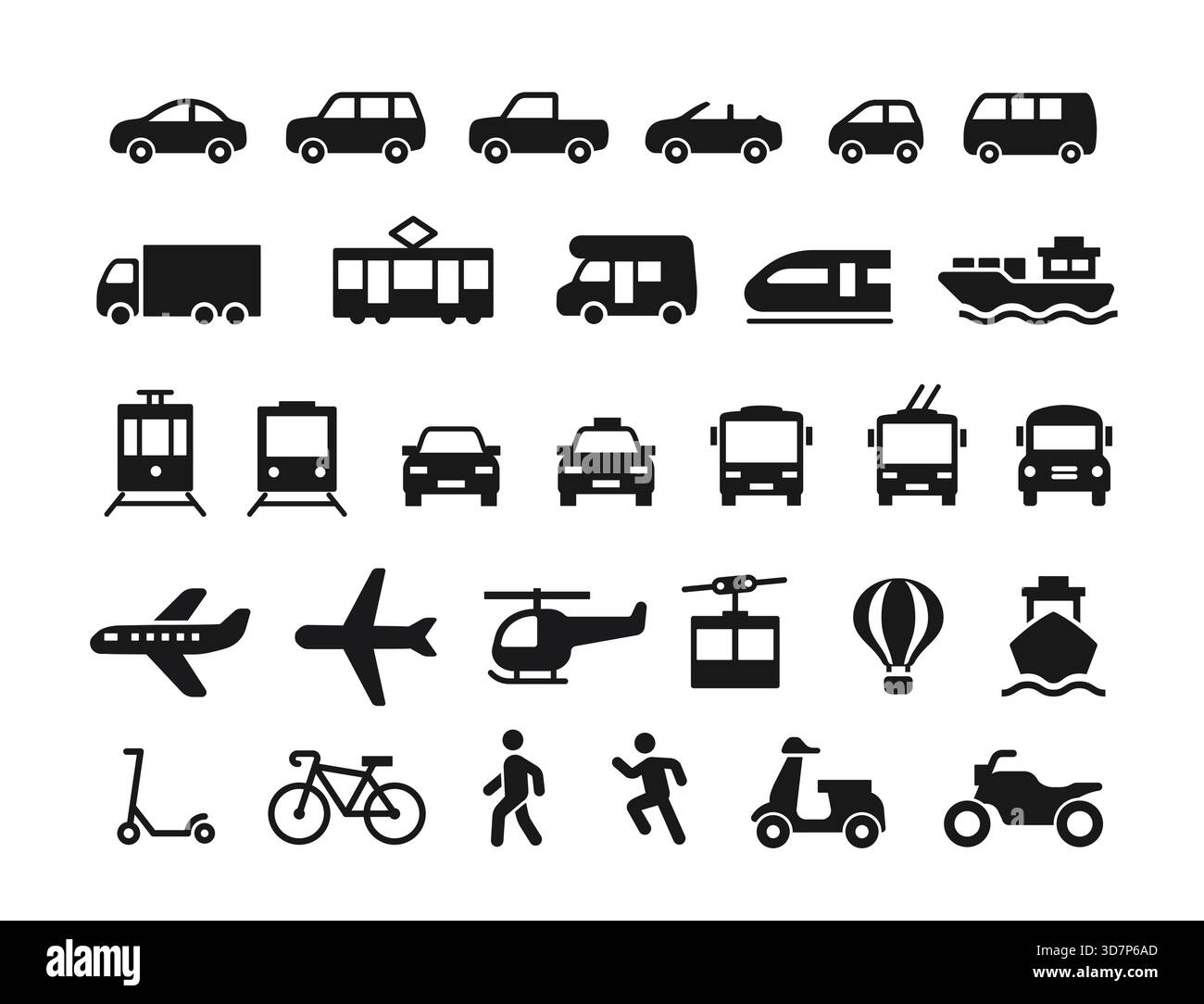 Set di icone veicolo. Simboli semplici con automobili, autobus, treni, navi, aerei, elicotteri, biciclette e motociclette. Mezzi di trasporto. Piatto Illustrazione Vettoriale