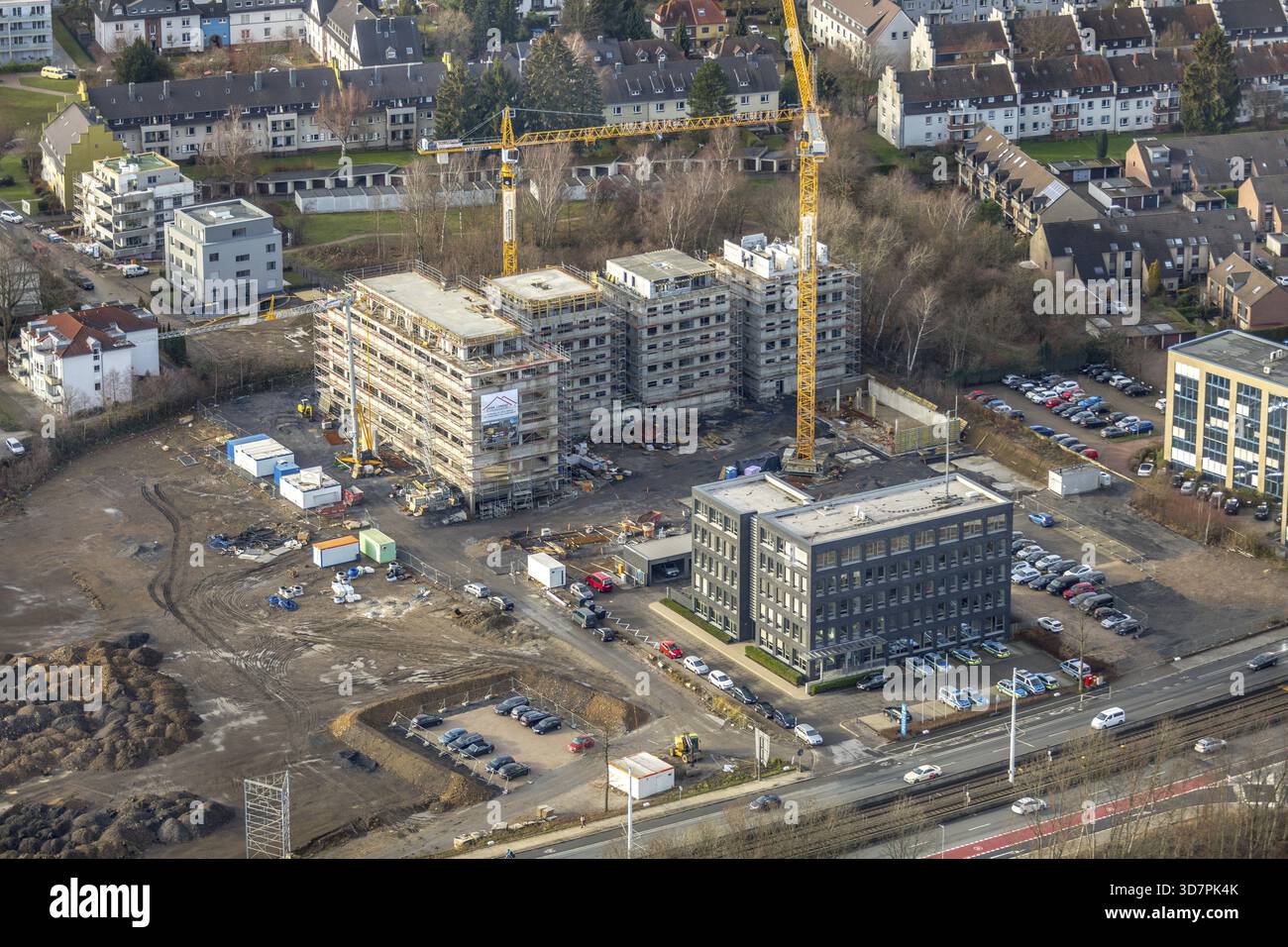 Vista aerea, insediamento per la protezione del clima, cantiere delle sette pietre, gru, nuovo edificio, stazione di polizia di Bochum sud-est, parcheggio Foto Stock