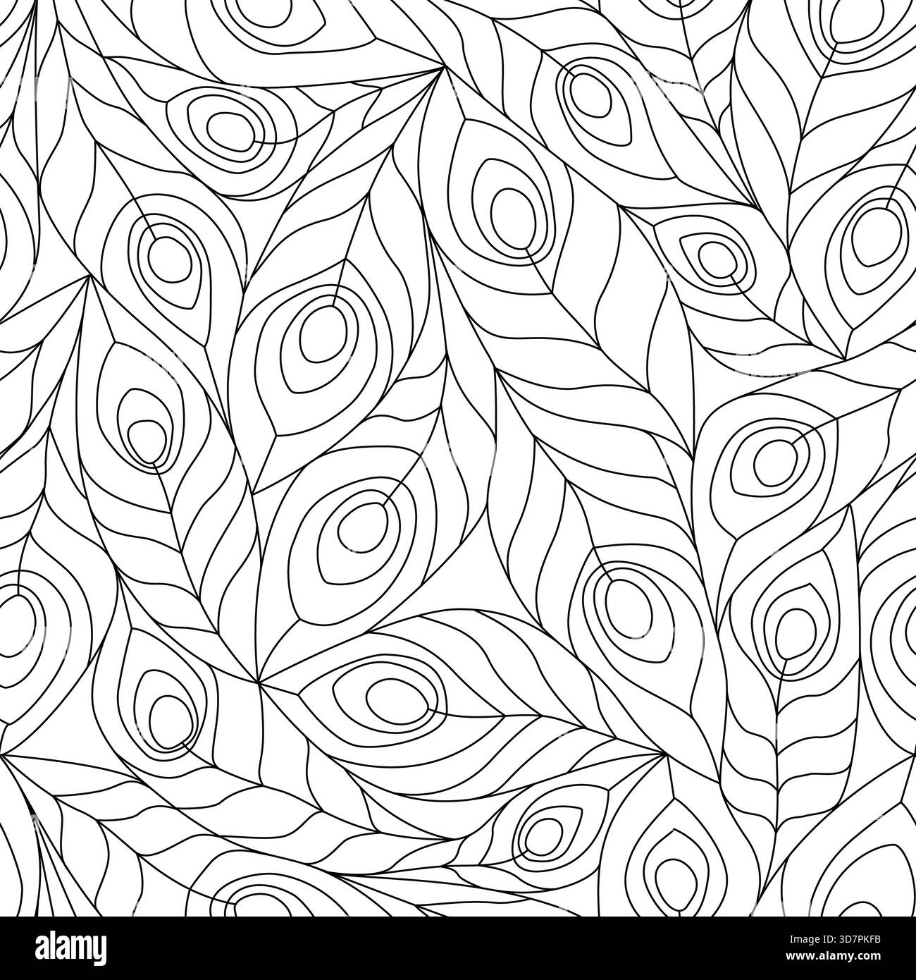 Piume di pavone bianco e nero con disegno astratto in vetro colorato art nouveau senza cuciture. Illustrazione del simbolo di piume d'uccello disegnato a mano. Stampa per tessuti, Foto Stock