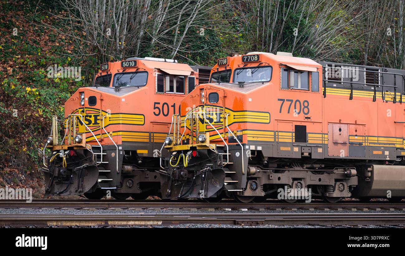 Everett, WA, USA - 24 novembre 2025; coppia di locomotive diesel merci BNSF con logo del marchio Foto Stock