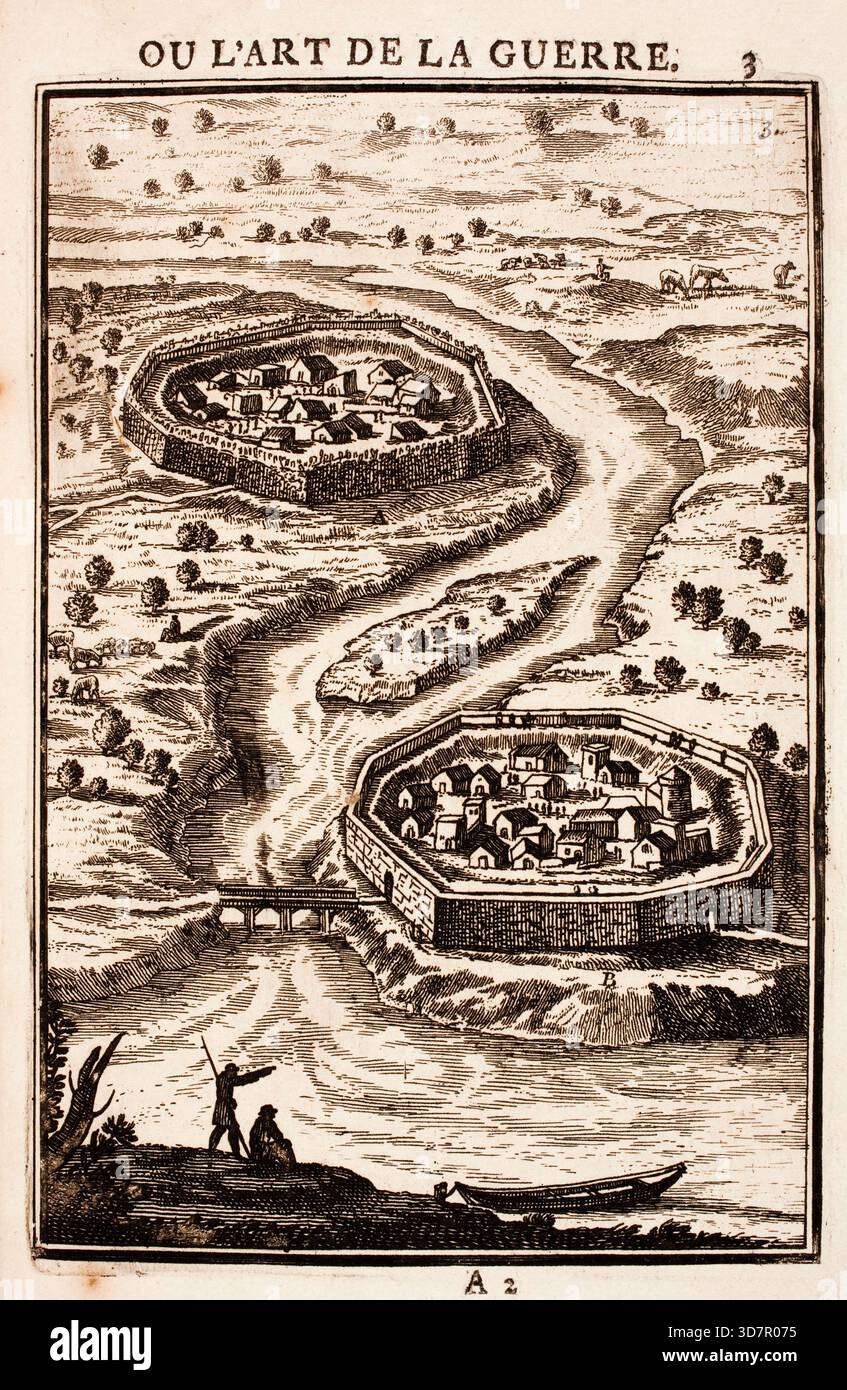 Incisione dal lavoro di Marte, o l'arte della guerra, di Alain Manesson Mallet (1630-1706), con piani geometrici per la fortificazione di roccaforti militari olandesi, città e città Foto Stock