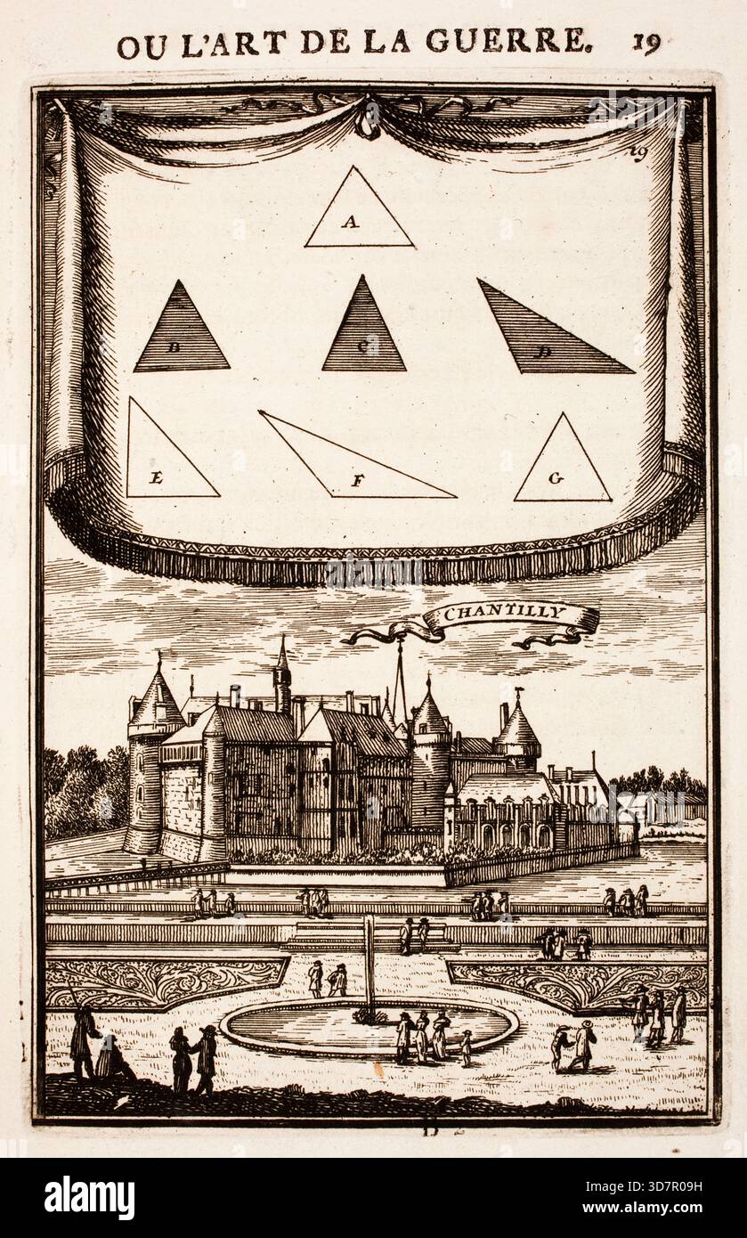 Incisione dal lavoro di Marte, o l'arte della guerra, di Alain Manesson Mallet (1630-1706), con piani geometrici per la fortificazione di roccaforti militari olandesi, città e città Foto Stock