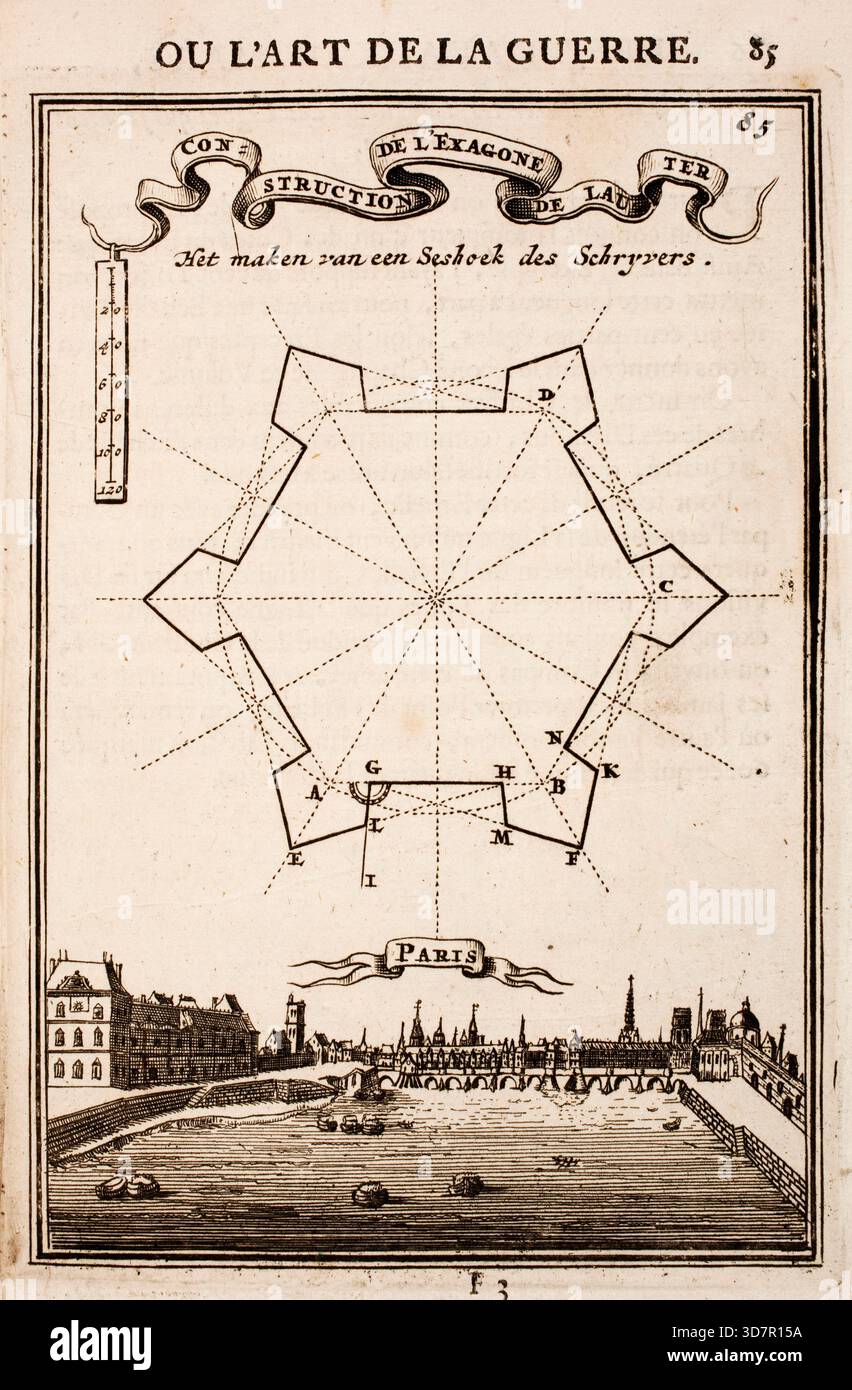 Incisione dal lavoro di Marte, o l'arte della guerra, di Alain Manesson Mallet (1630-1706), con piani geometrici per la fortificazione di roccaforti militari olandesi, città e città Foto Stock