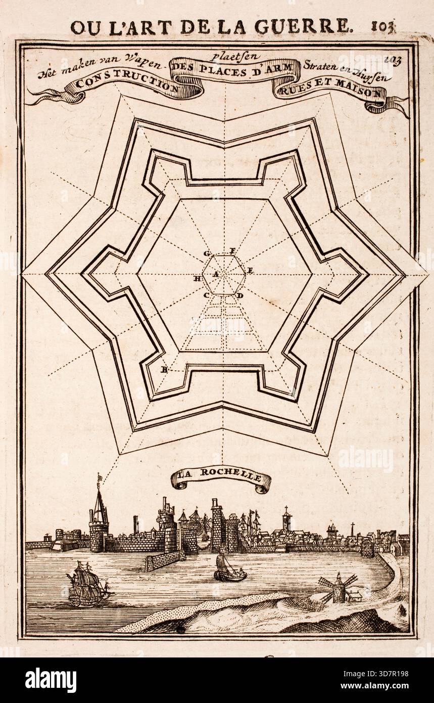 Incisione dal lavoro di Marte, o l'arte della guerra, di Alain Manesson Mallet (1630-1706), con piani geometrici per la fortificazione di roccaforti militari olandesi, città e città Foto Stock