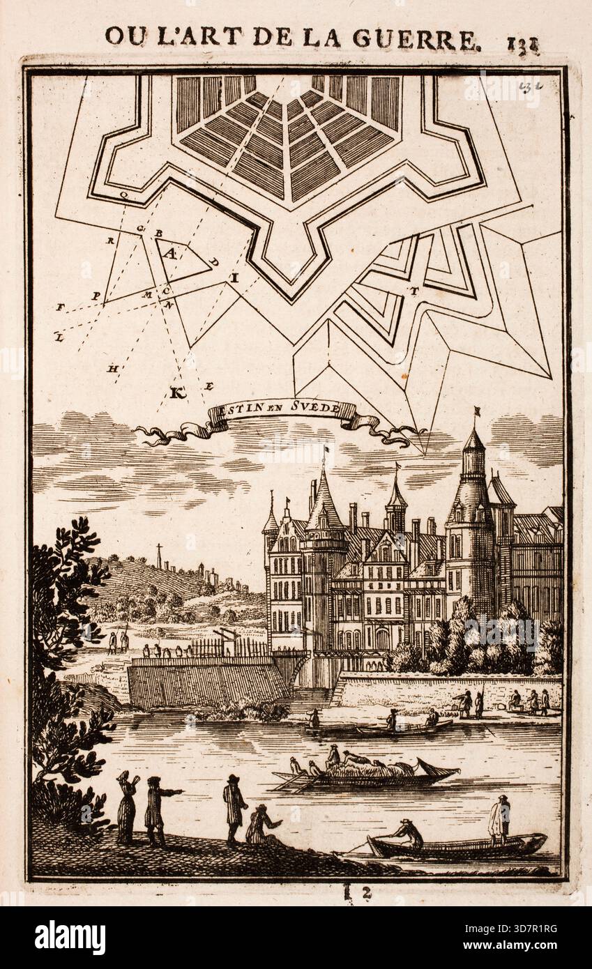 Incisione dal lavoro di Marte, o l'arte della guerra, di Alain Manesson Mallet (1630-1706), con piani geometrici per la fortificazione di roccaforti militari olandesi, città e città Foto Stock