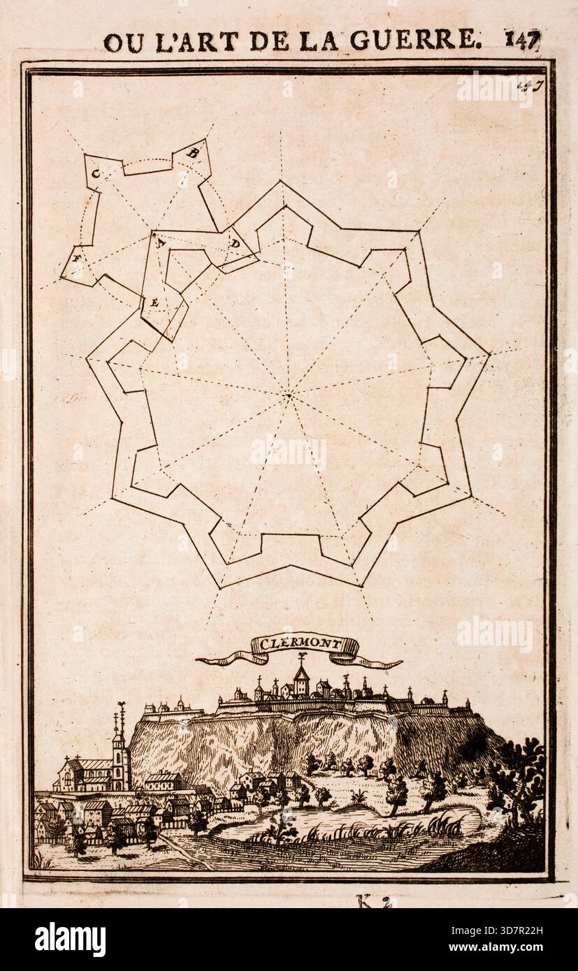 Incisione dal lavoro di Marte, o l'arte della guerra, di Alain Manesson Mallet (1630-1706), con piani geometrici per la fortificazione di roccaforti militari olandesi, città e città Foto Stock