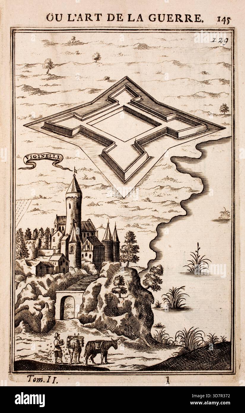 Incisione dal lavoro di Marte, o l'arte della guerra, di Alain Manesson Mallet (1630-1706), con piani geometrici per la fortificazione di roccaforti militari olandesi, città e città Foto Stock