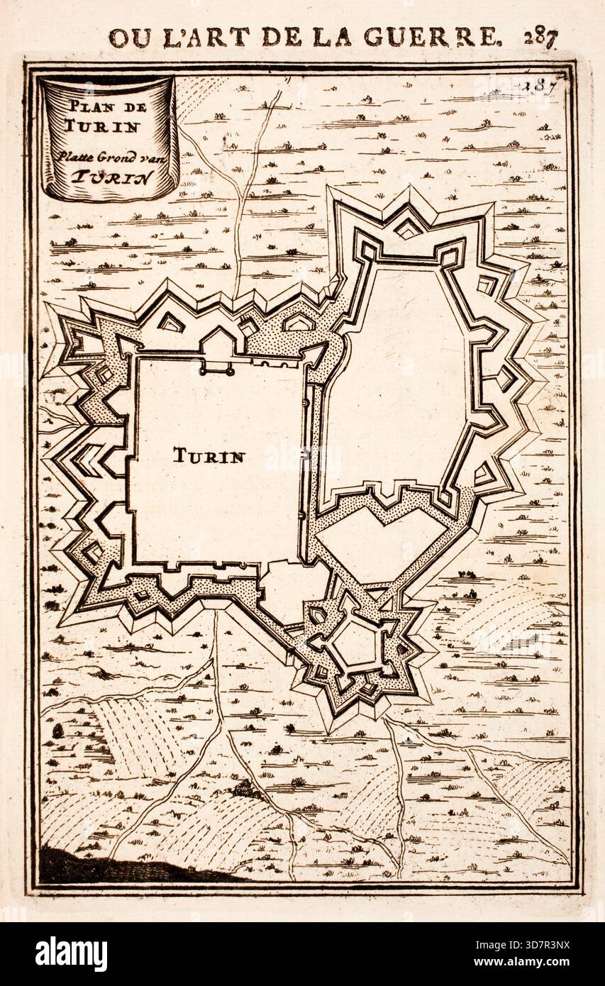 Incisione dal lavoro di Marte, o l'arte della guerra, di Alain Manesson Mallet (1630-1706), con piani geometrici per la fortificazione di roccaforti militari olandesi, città e città Foto Stock