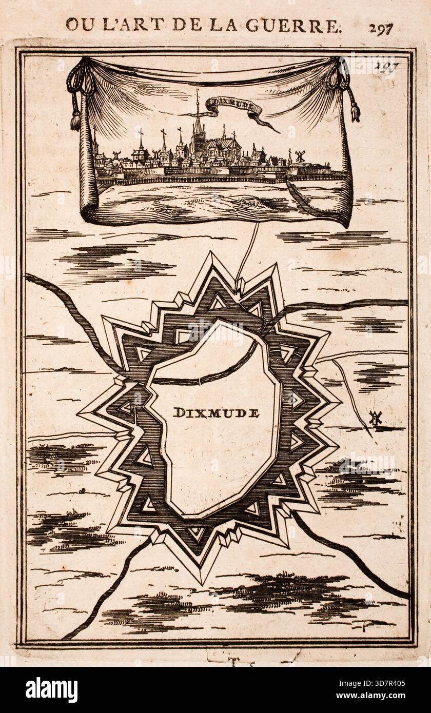 Incisione dal lavoro di Marte, o l'arte della guerra, di Alain Manesson Mallet (1630-1706), con piani geometrici per la fortificazione di roccaforti militari olandesi, città e città Foto Stock