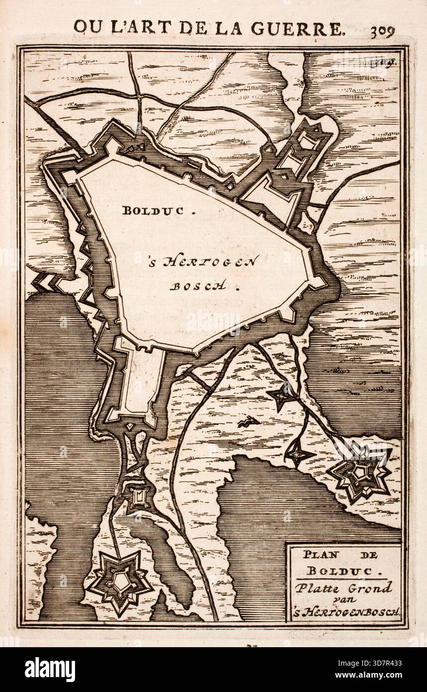Incisione dal lavoro di Marte, o l'arte della guerra, di Alain Manesson Mallet (1630-1706), con piani geometrici per la fortificazione di roccaforti militari olandesi, città e città Foto Stock