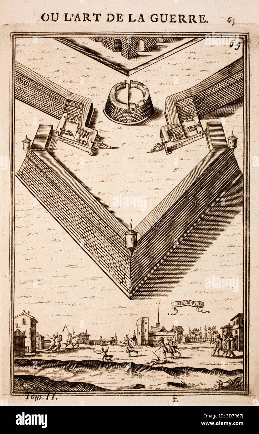 Incisione dal lavoro di Marte, o l'arte della guerra, di Alain Manesson Mallet (1630-1706), con piani geometrici per la fortificazione di roccaforti militari olandesi, città e città Foto Stock