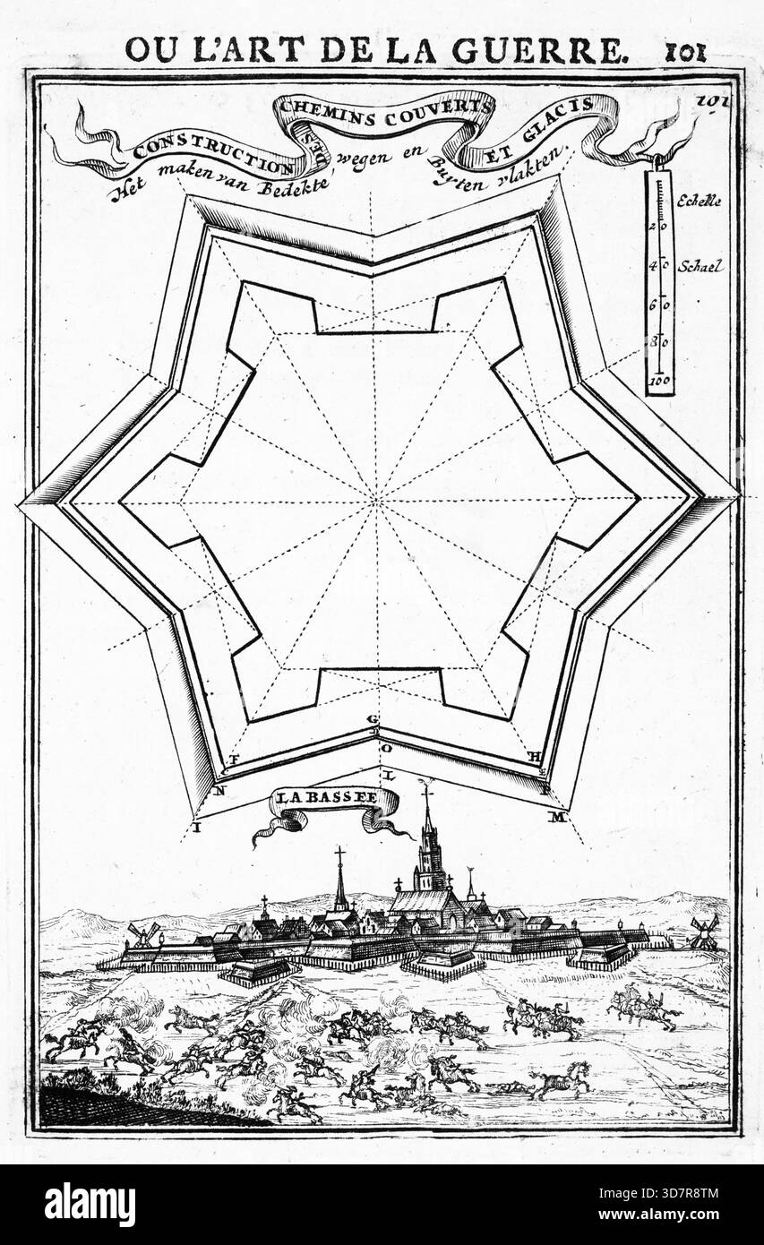 Incisione dal lavoro di Marte, o l'arte della guerra, di Alain Manesson Mallet (1630-1706), con piani geometrici per la fortificazione di roccaforti militari olandesi, città e città Foto Stock