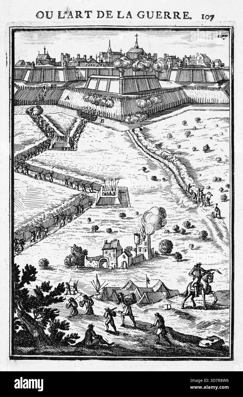 Incisione dal lavoro di Marte, o l'arte della guerra, di Alain Manesson Mallet (1630-1706), con piani geometrici per la fortificazione di roccaforti militari olandesi, città e città Foto Stock