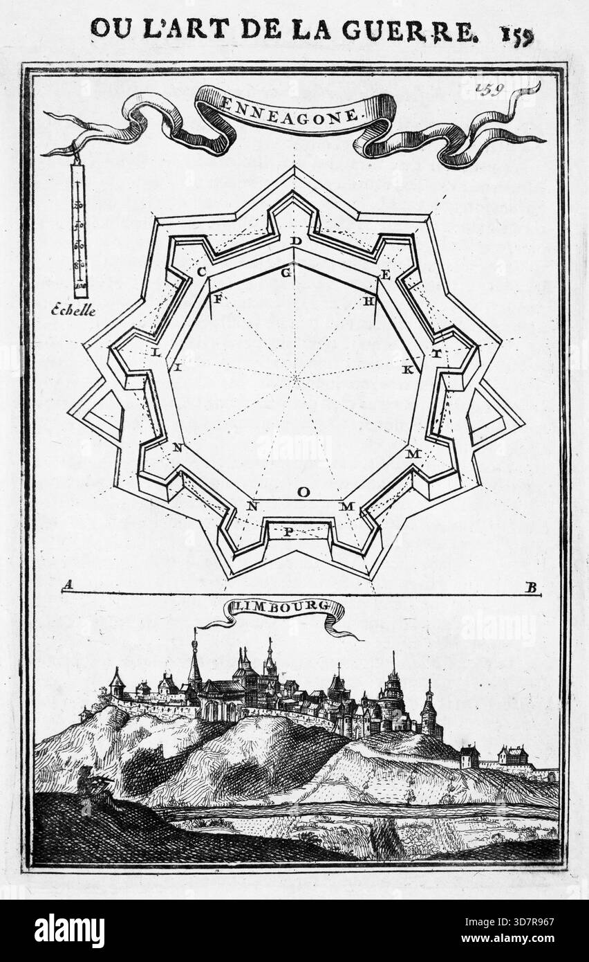 Incisione dal lavoro di Marte, o l'arte della guerra, di Alain Manesson Mallet (1630-1706), con piani geometrici per la fortificazione di roccaforti militari olandesi, città e città Foto Stock