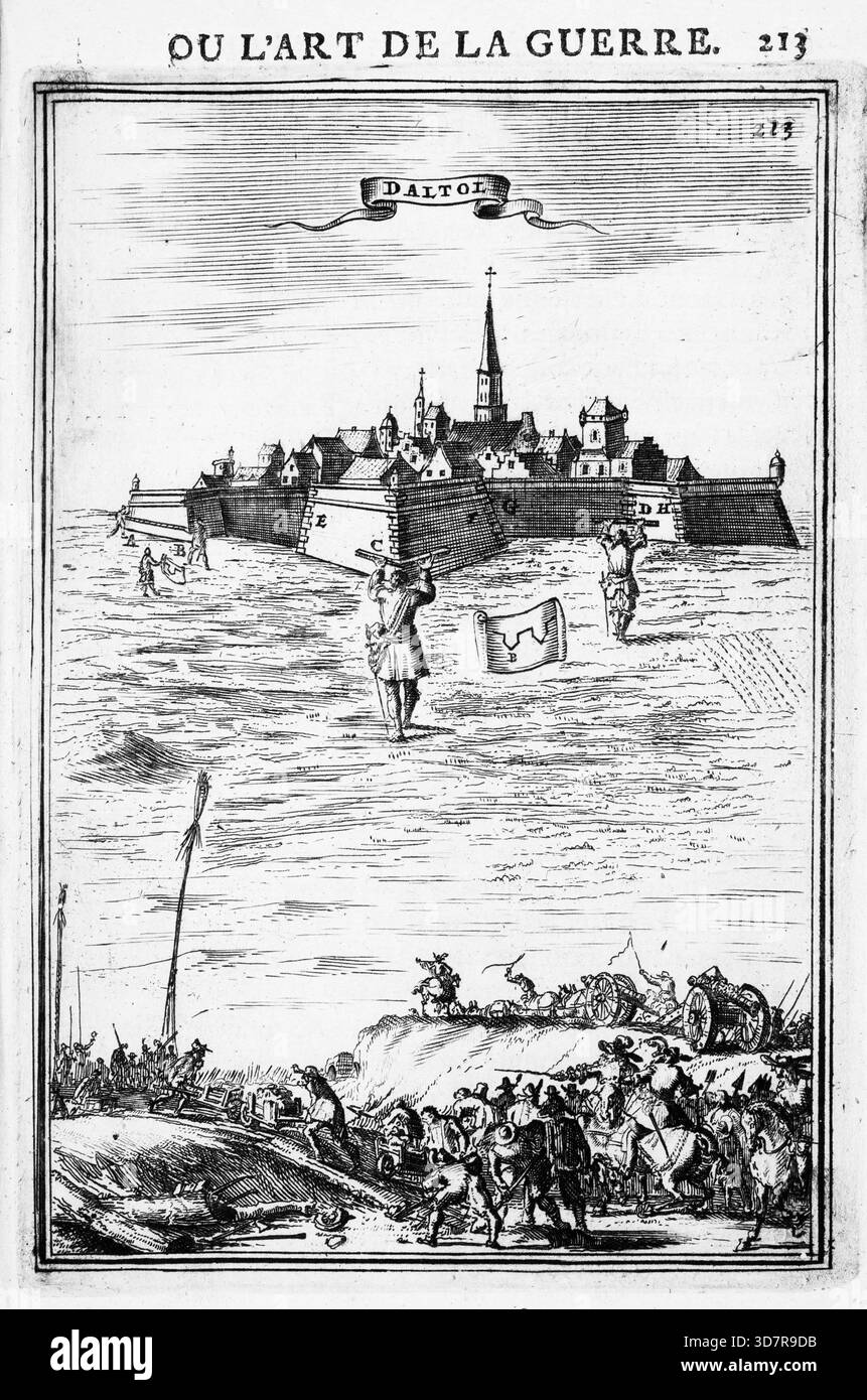 Incisione dal lavoro di Marte, o l'arte della guerra, di Alain Manesson Mallet (1630-1706), con piani geometrici per la fortificazione di roccaforti militari olandesi, città e città Foto Stock