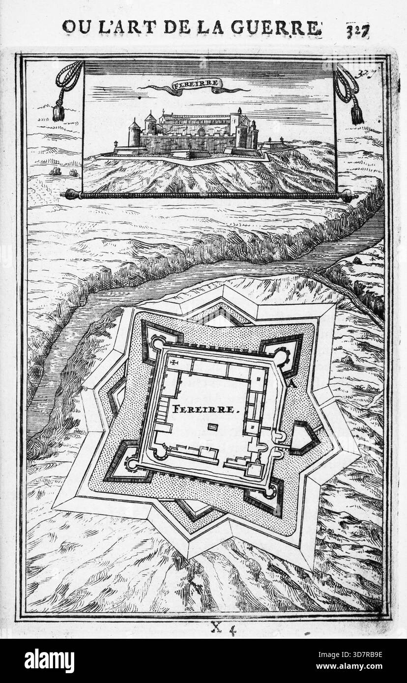 Incisione dal lavoro di Marte, o l'arte della guerra, di Alain Manesson Mallet (1630-1706), con piani geometrici per la fortificazione di roccaforti militari olandesi, città e città Foto Stock