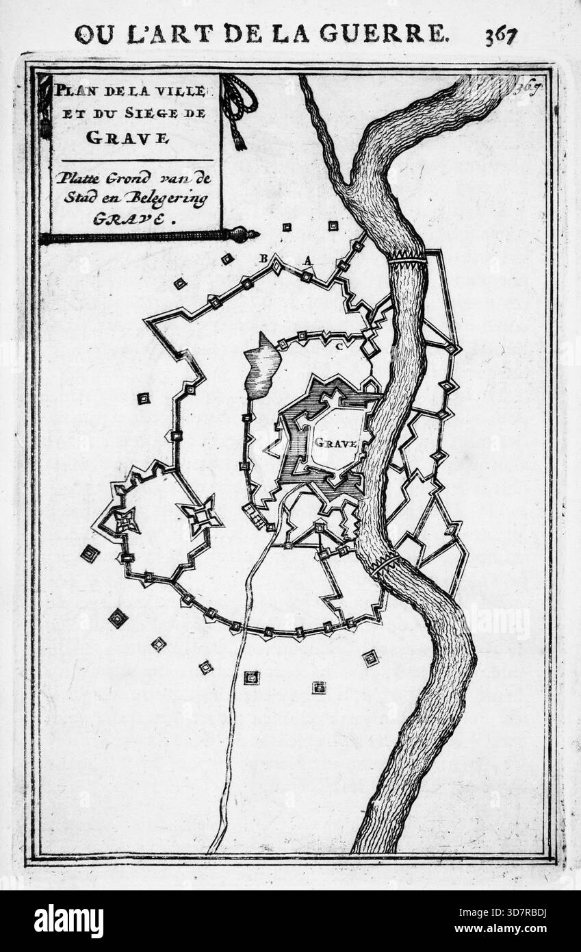 Incisione dal lavoro di Marte, o l'arte della guerra, di Alain Manesson Mallet (1630-1706), con piani geometrici per la fortificazione di roccaforti militari olandesi, città e città Foto Stock