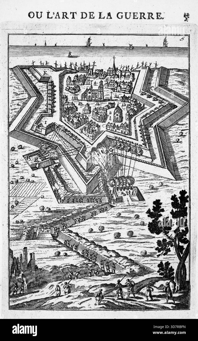 Incisione dal lavoro di Marte, o l'arte della guerra, di Alain Manesson Mallet (1630-1706), con piani geometrici per la fortificazione di roccaforti militari olandesi, città e città Foto Stock