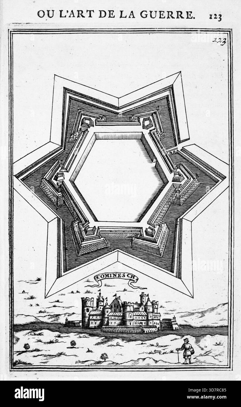 Incisione dal lavoro di Marte, o l'arte della guerra, di Alain Manesson Mallet (1630-1706), con piani geometrici per la fortificazione di roccaforti militari olandesi, città e città Foto Stock