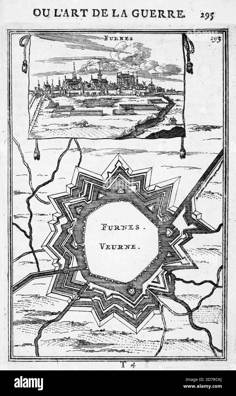 Incisione dal lavoro di Marte, o l'arte della guerra, di Alain Manesson Mallet (1630-1706), con piani geometrici per la fortificazione di roccaforti militari olandesi, città e città Foto Stock