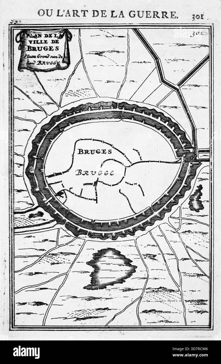 Incisione dal lavoro di Marte, o l'arte della guerra, di Alain Manesson Mallet (1630-1706), con piani geometrici per la fortificazione di roccaforti militari olandesi, città e città Foto Stock