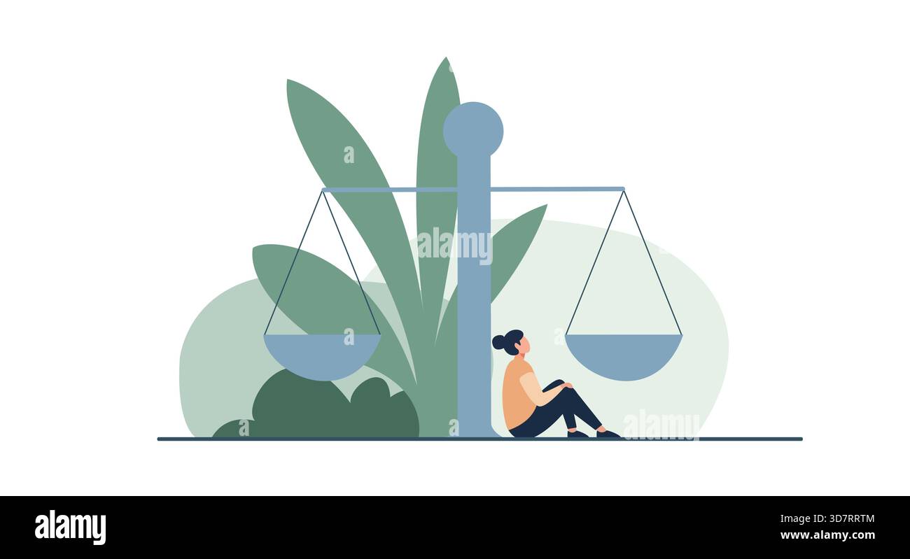 Un'illustrazione vettoriale dal design piatto sereno ed estetico che simboleggia l'equilibrio tra lavoro e vita privata, la salute mentale e l'armonia con la natura. Illustrazione Vettoriale