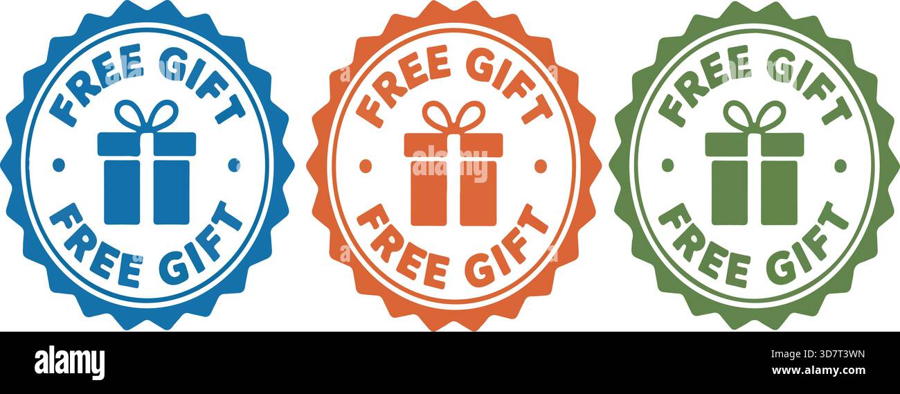Set di francobolli regalo gratuiti con l'icona della confezione regalo, promozione, offerta bonus, Illustrazione Vettoriale