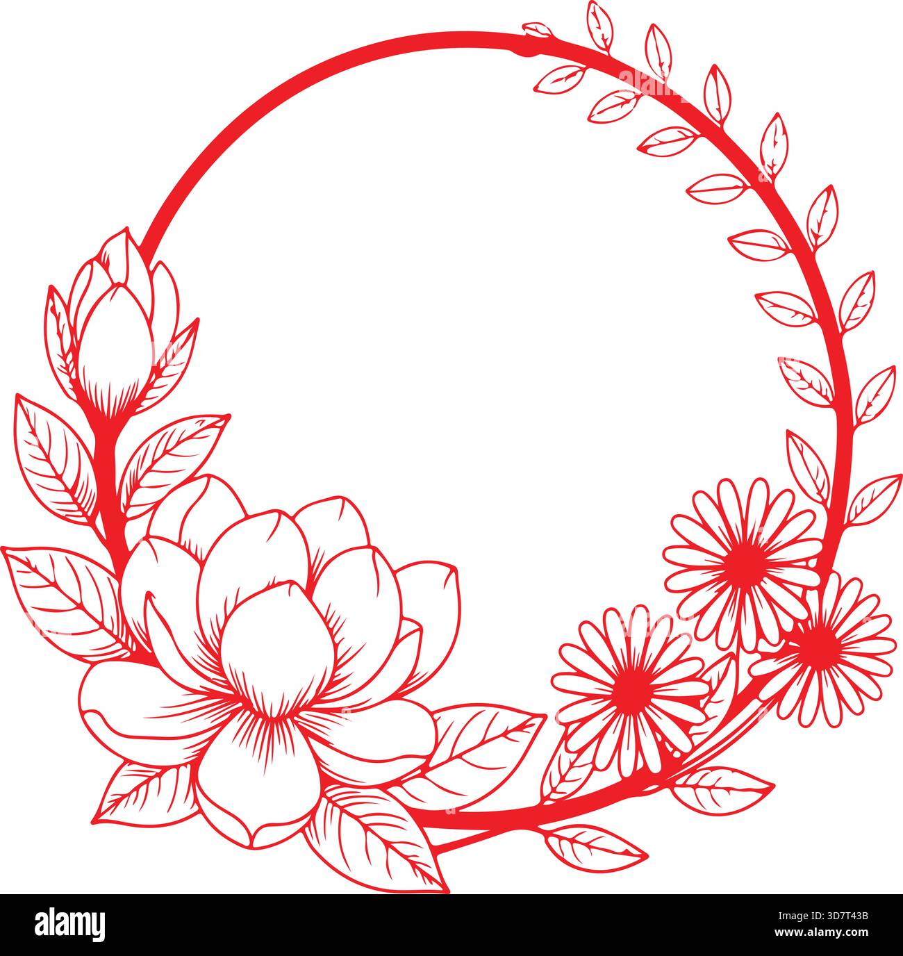 Cornice rotonda floreale rossa con Magnolia e fiori a margherita cornice rotonda, magnolia, margherita, bordo nuziale, Illustrazione Vettoriale