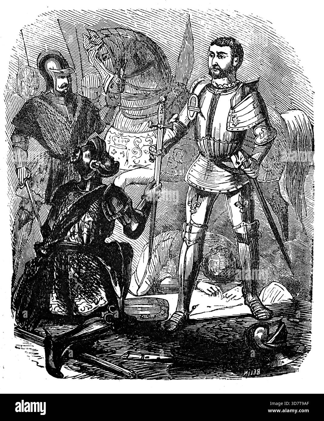 Guerre italiane. La battaglia di Pavia, 24 febbraio 1525. Francesco i di Francia consegnò la sua spada a Charles de Lannoy, comandante delle forze imperiali spagnole. Incisione, XIX secolo. Foto Stock