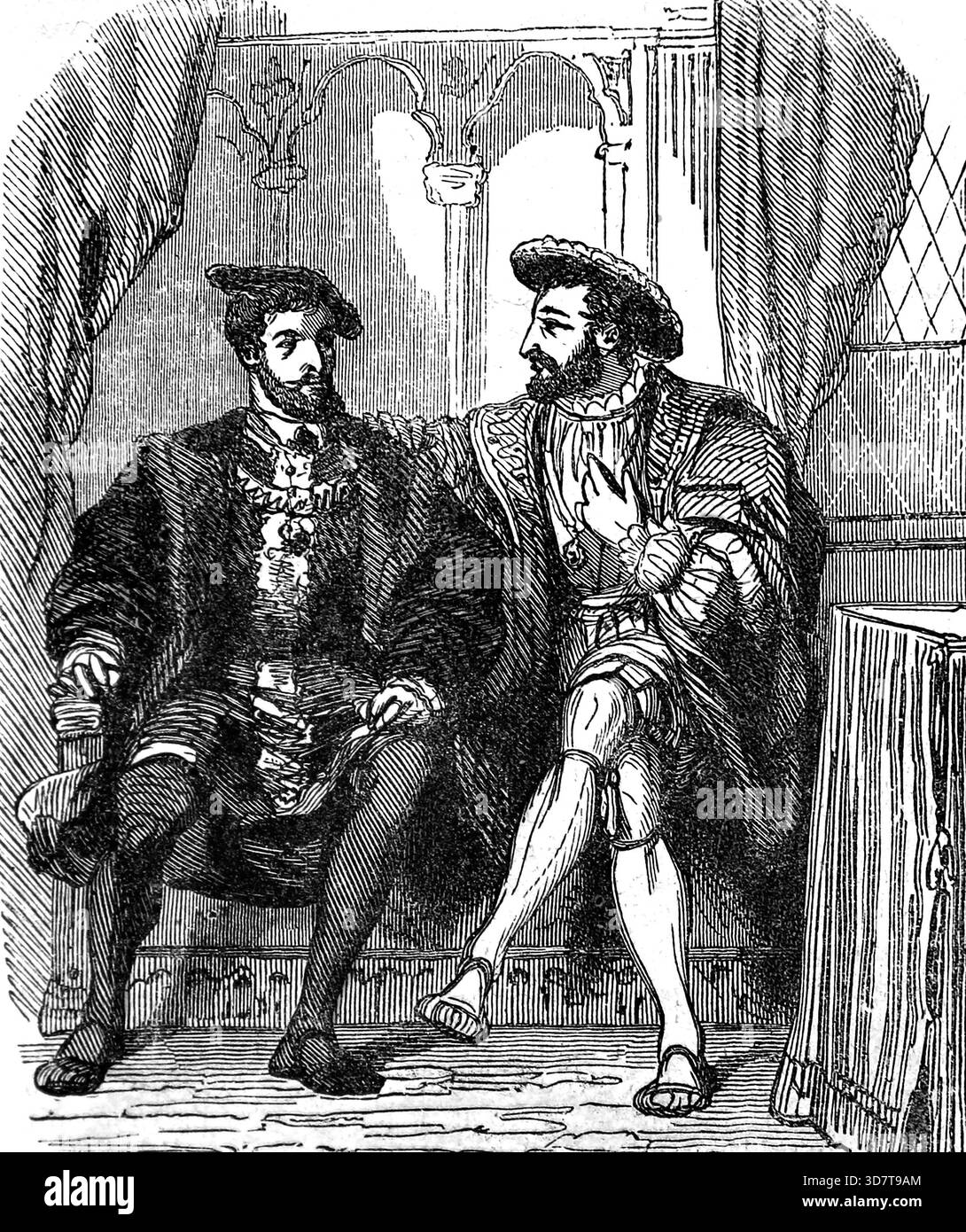Vero incontro tra Francesco i di Francia e l'imperatore Carlo V ad Aigues-Mortes, XVI secolo. Incisione, XIX secolo. Foto Stock