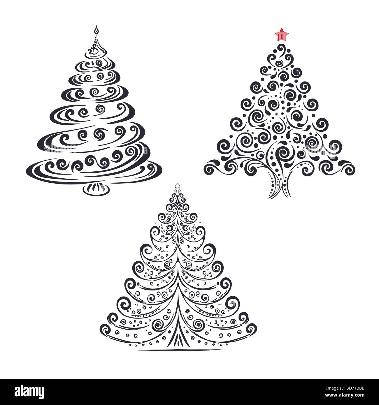Set decorativo di alberi di Natale disegnati a mano Illustrazione Vettoriale