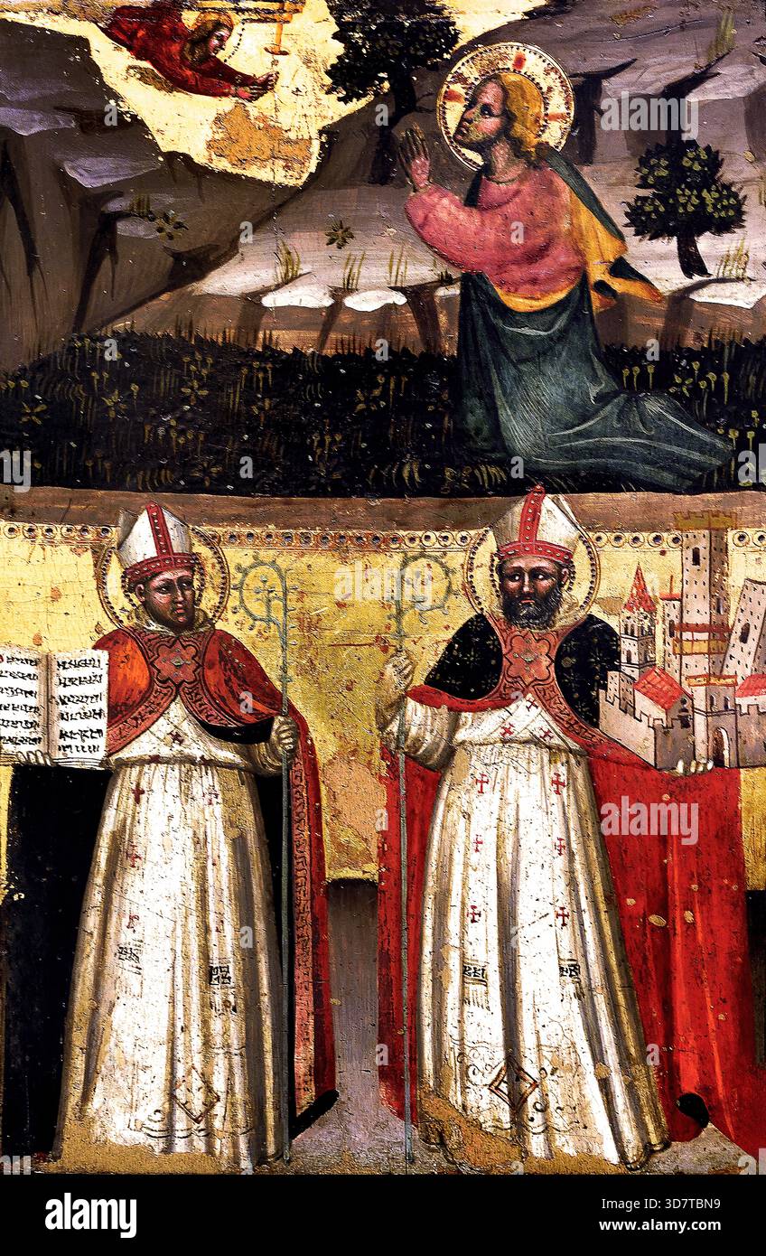 Preghiera nel giardino, i Santi Ambrogio e Petronio, 1380 di Lippo di Dalmasio 1377 - 1410,XIV secolo, Italia. Foto Stock